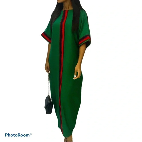 Vintage  Runway Luxury Fashion Red green kaftan dress Sz L - Picture 1 of 16